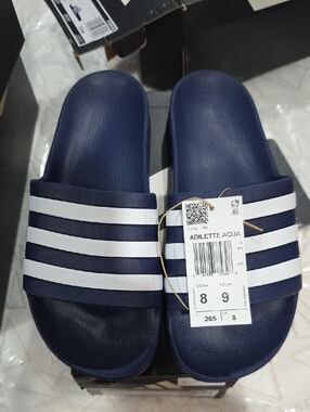 adidas Adilette Aqua Navy Blue and White Slide Sandals